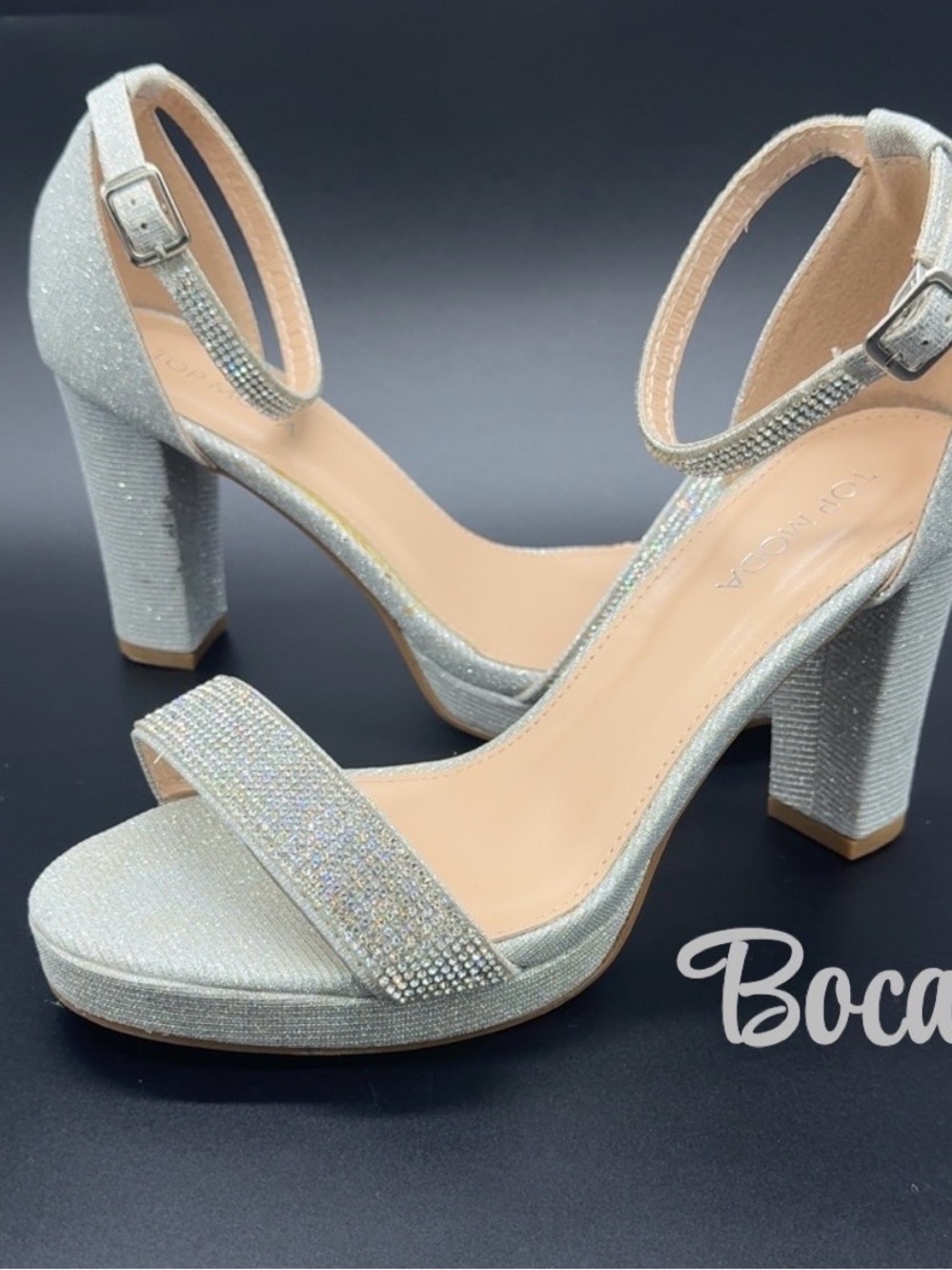 TOP Moda Silver Glitter Block Heels with Rhinestone Strap